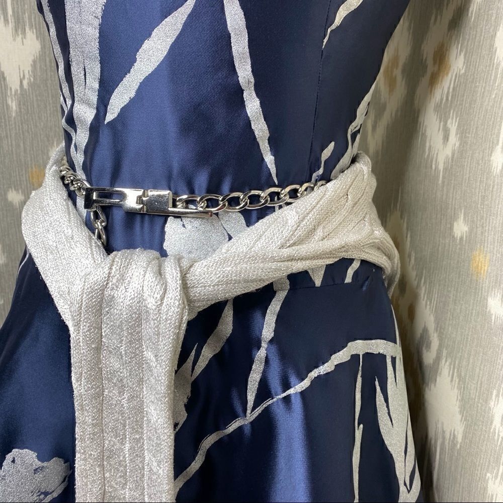 Ralph Lauren Silver Foil Botanical Print Navy Silk Fit & Flare Dress - Picture 14 of 16